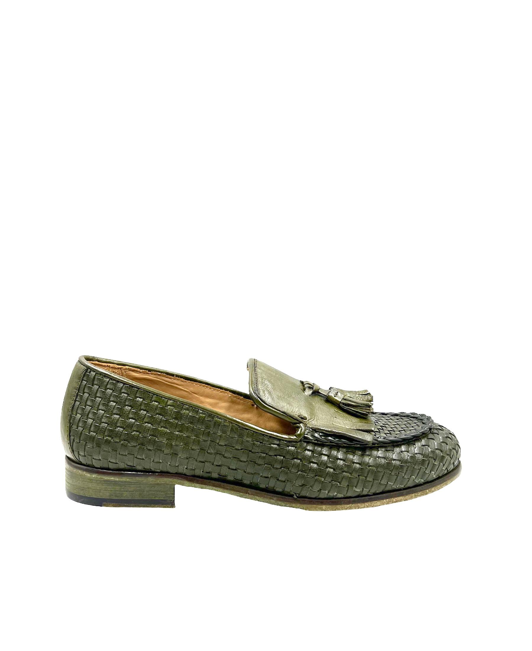 Men's Handmade Interwoven Moss Green Leather Slip on