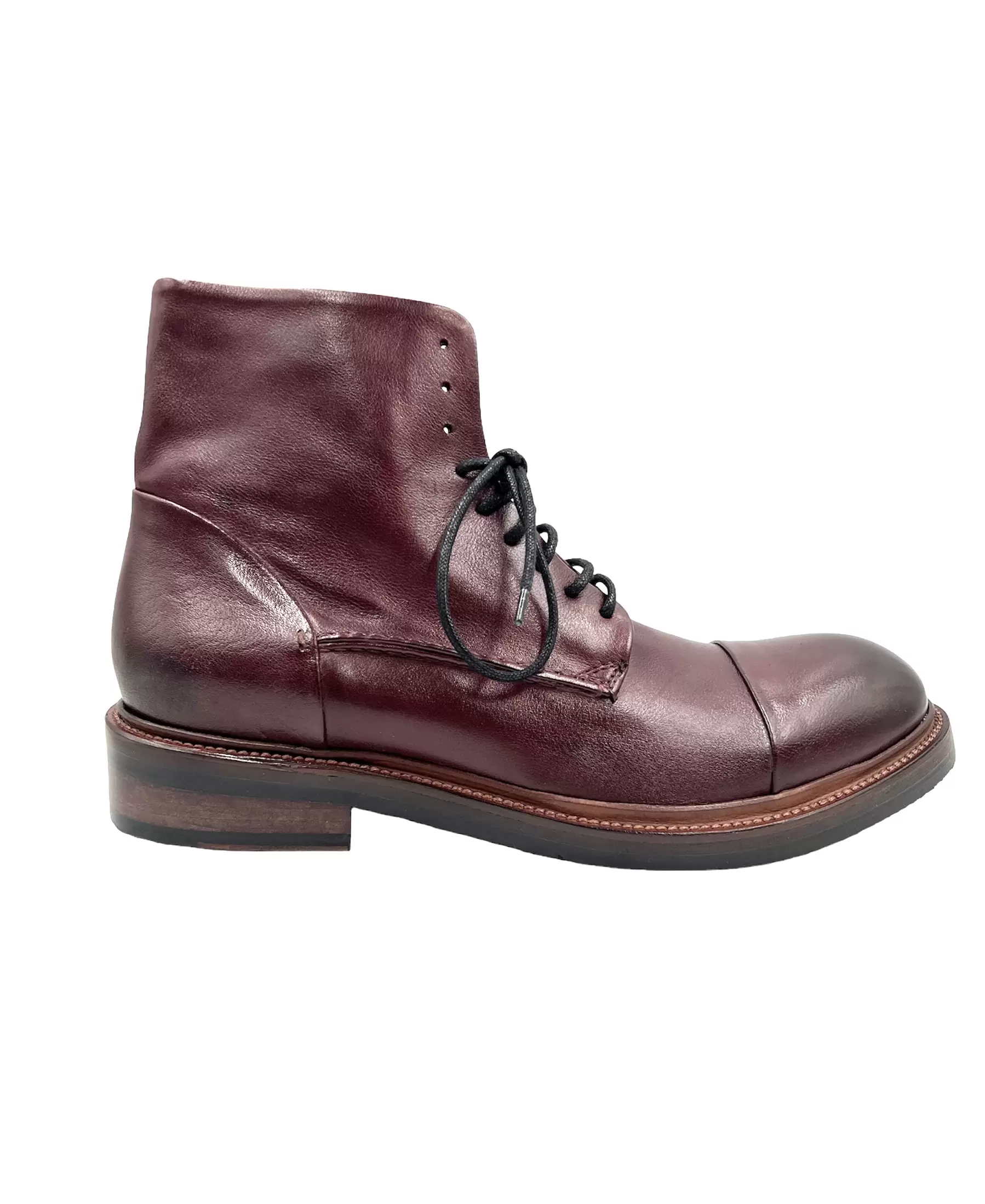 Men’s Handmade Wine Leather Boot with Stitched Rubber and Leather Sole
