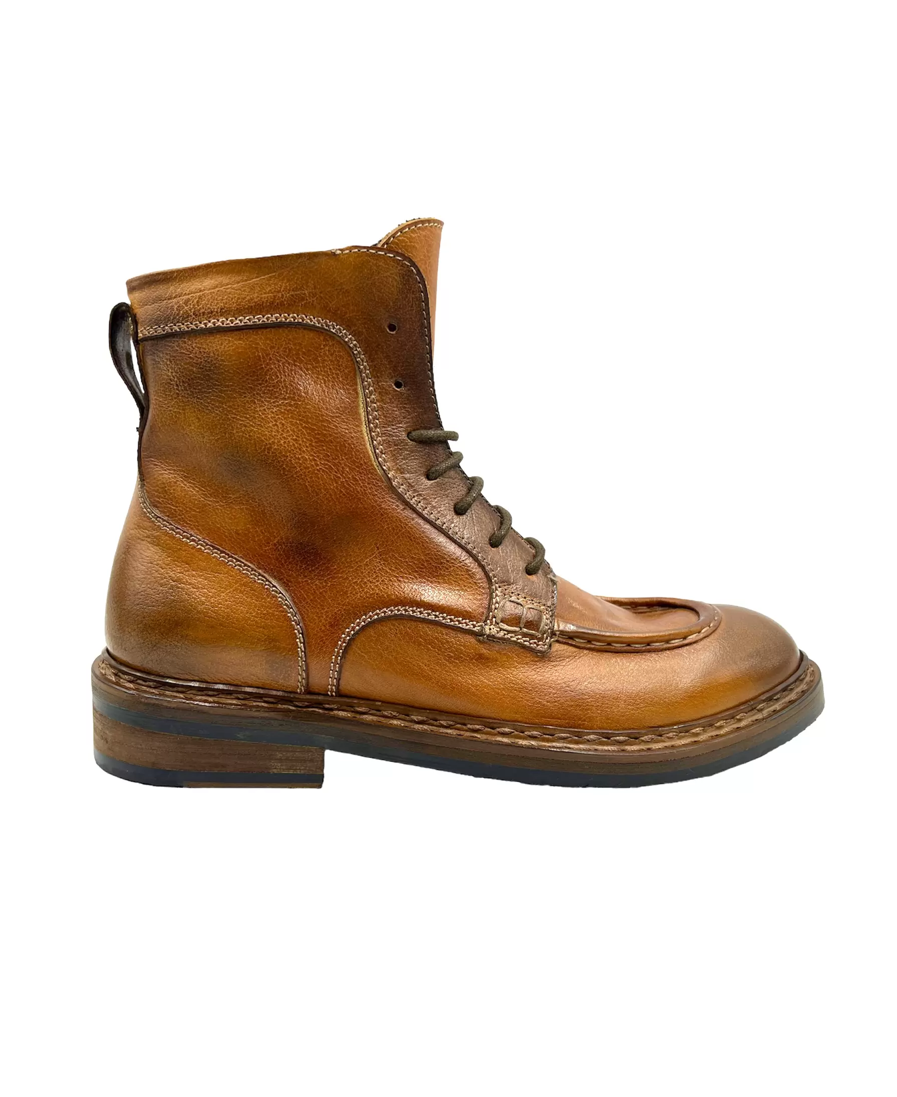 Men’s Handmade Cognac Leather Boot Rubber and Leather Sole