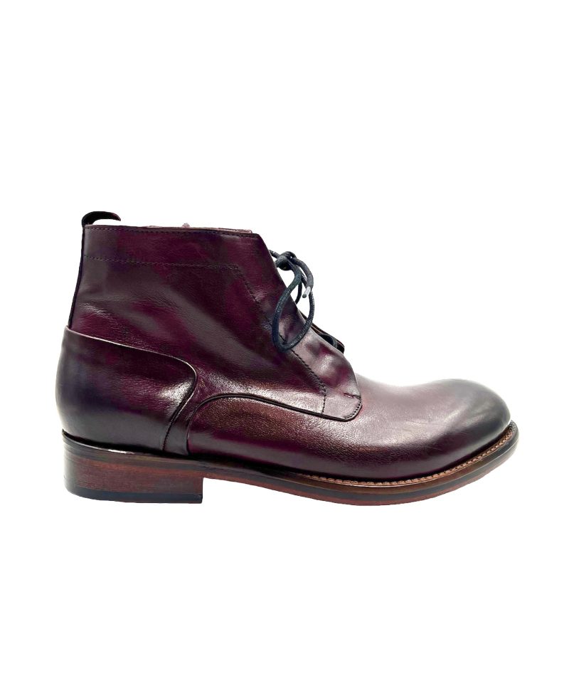 Men’s Handmade Bordeaux Leather Boot with Stitched Rubber and Leather Sole