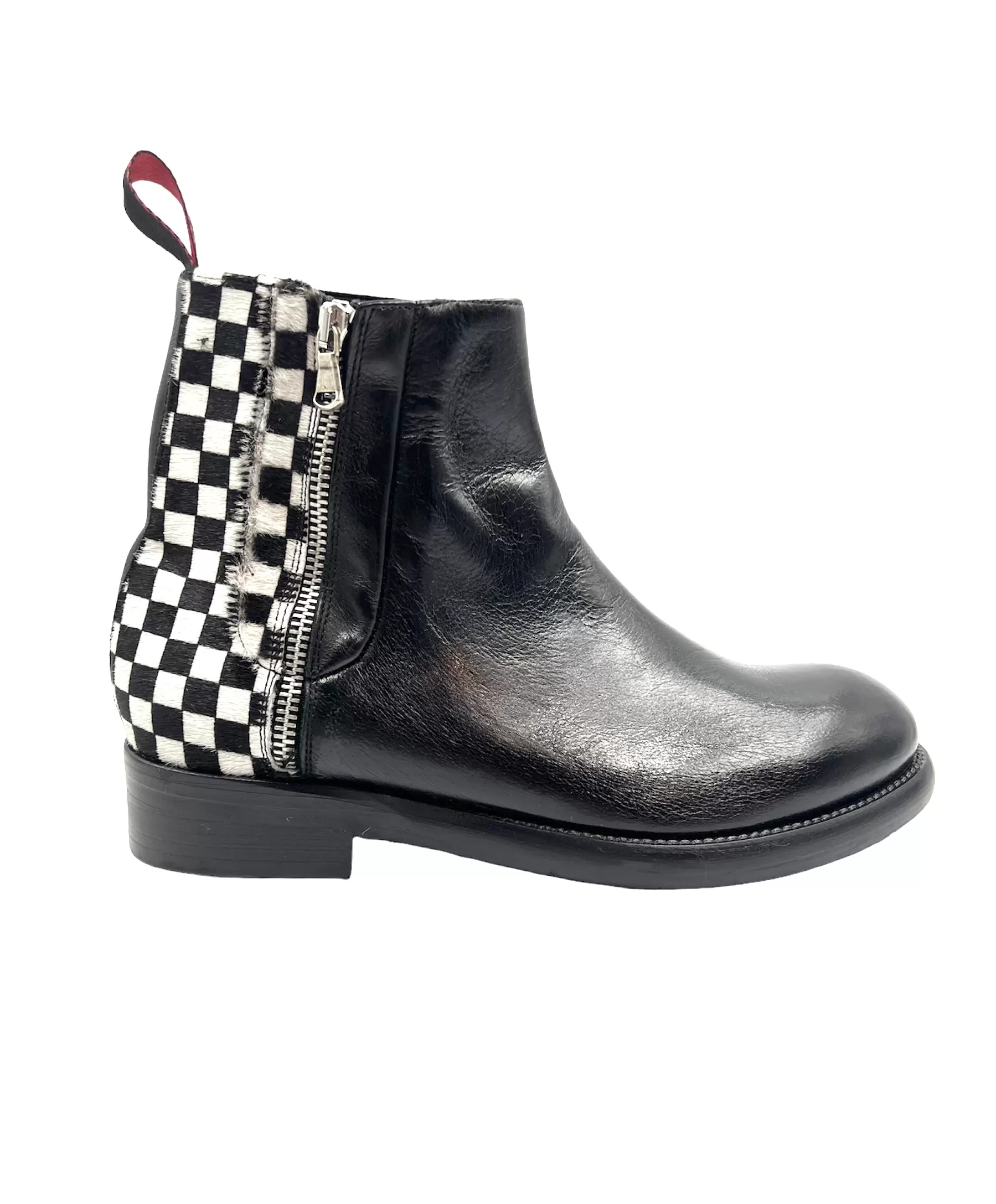 Men’s Handmade Black Leather and Check Pony hair Boot with Rubber and Leather Sole