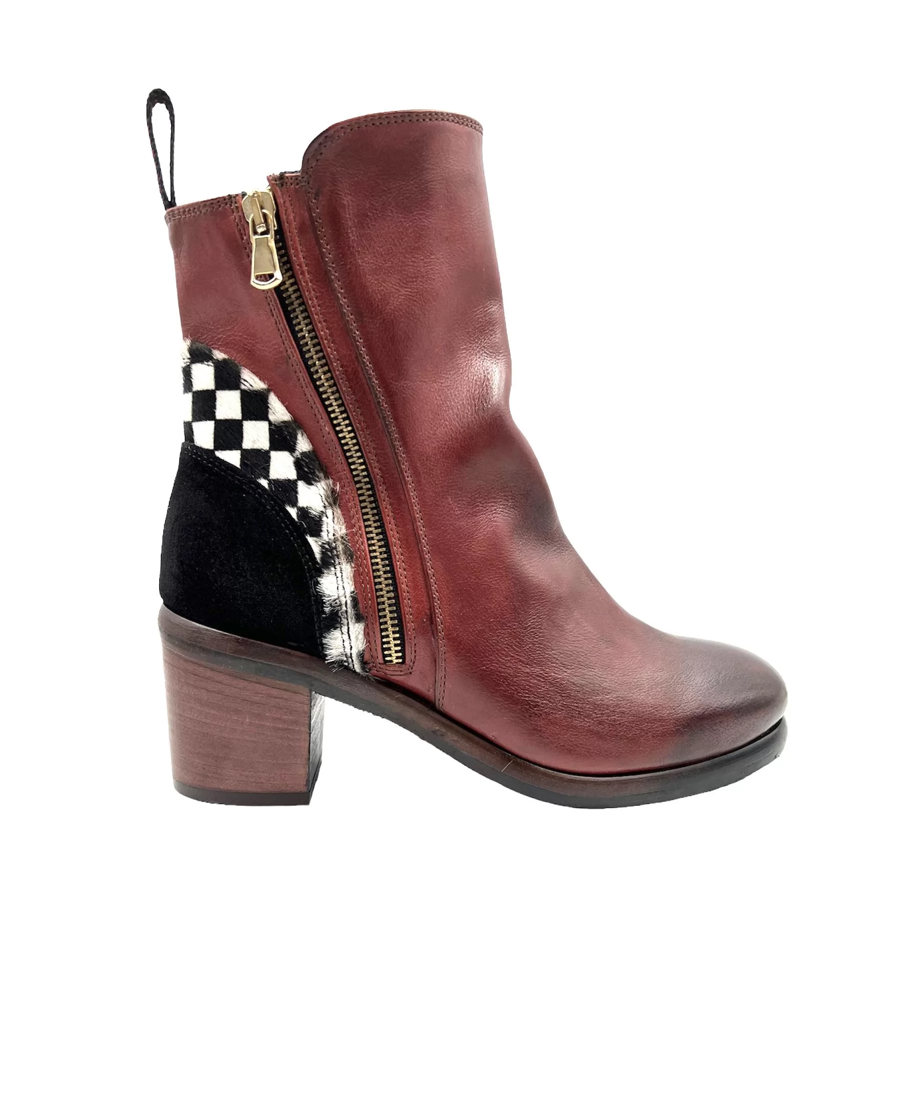 Women’s Handmade Burnt Red Leather Boots with Check Pony Hair and Black Suede