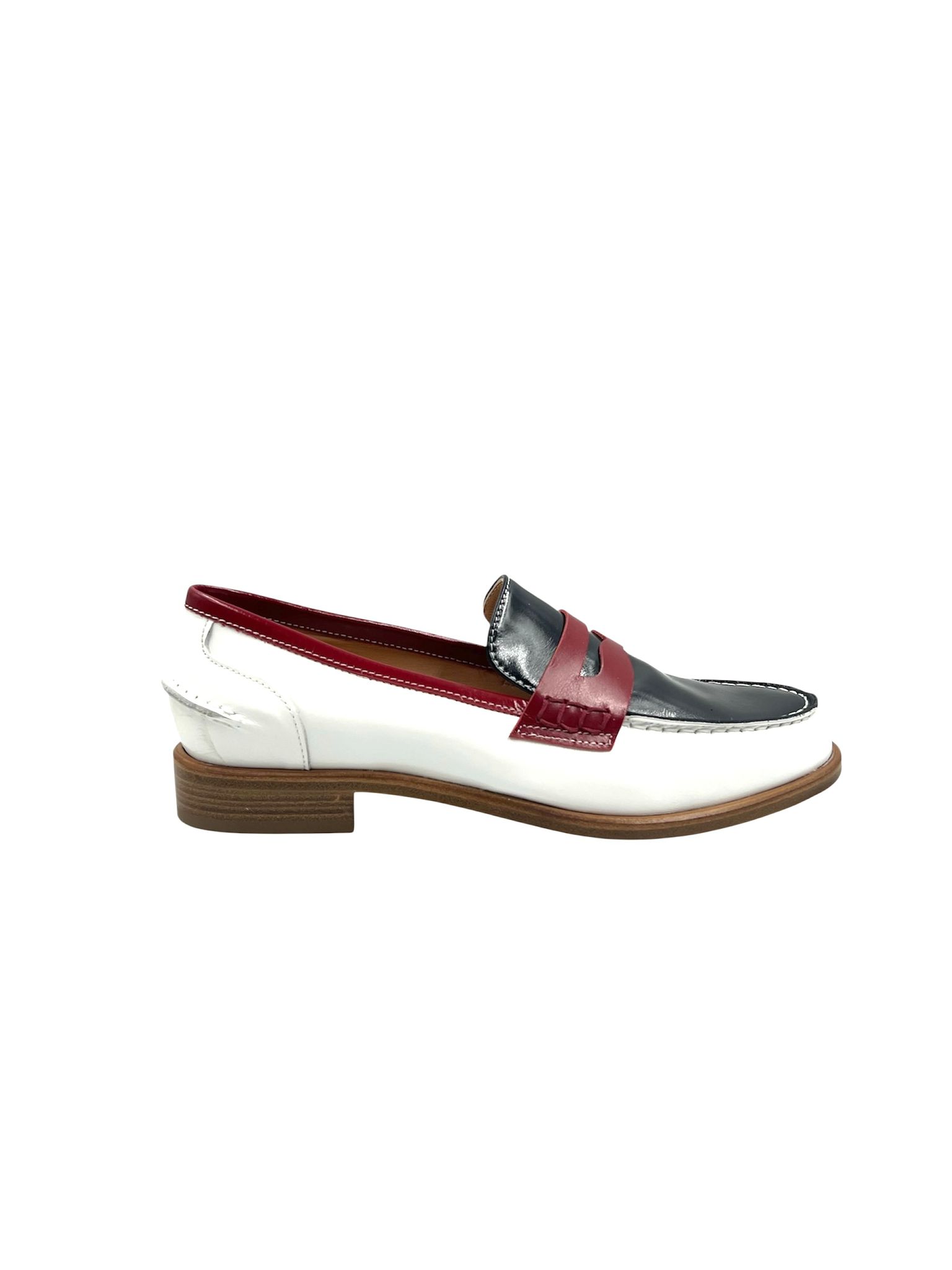 Ladies Handmade Navy Blue Red White Moccasin