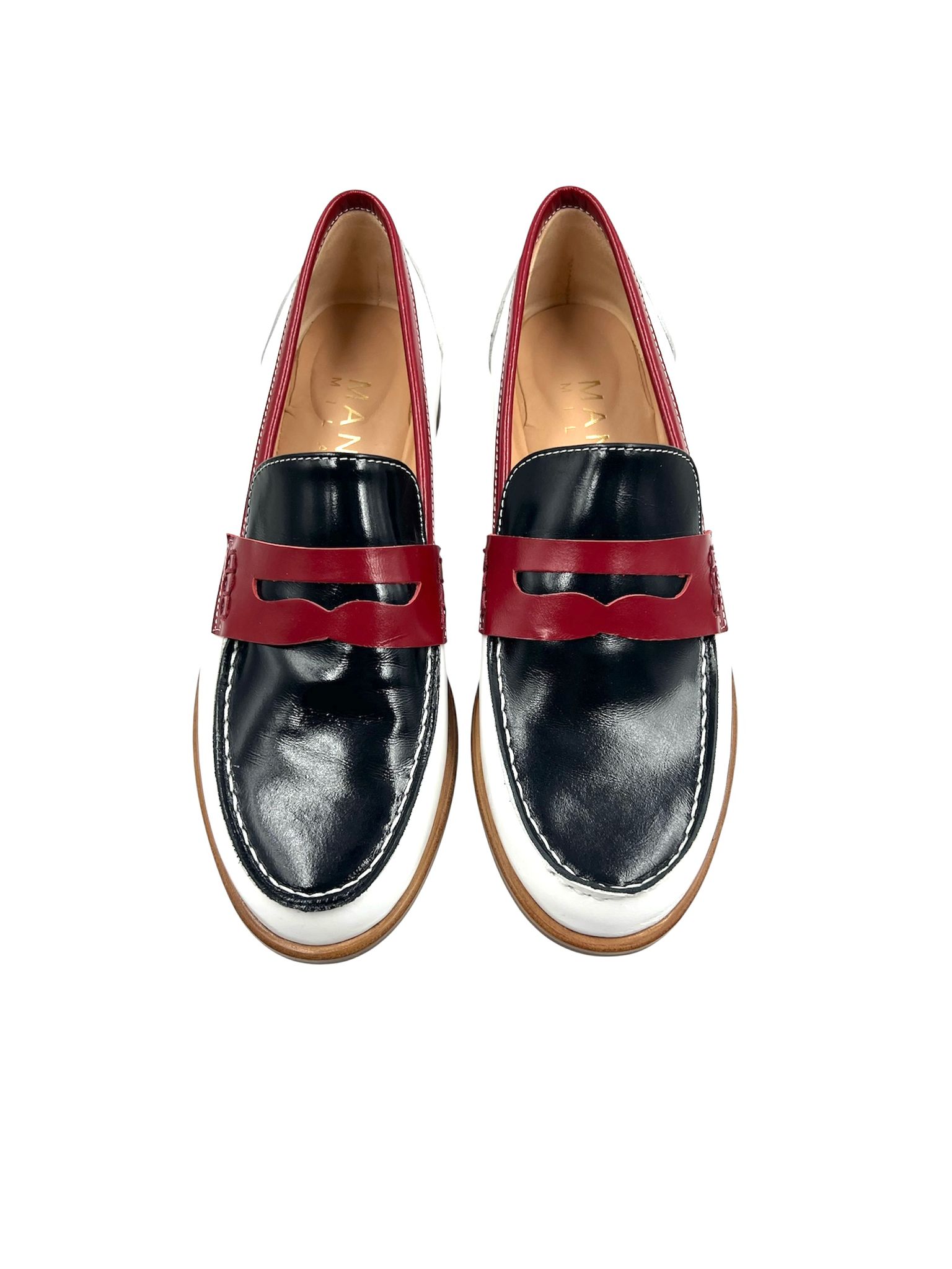 Ladies Handmade Navy Blue Red White Moccasin - Image 2
