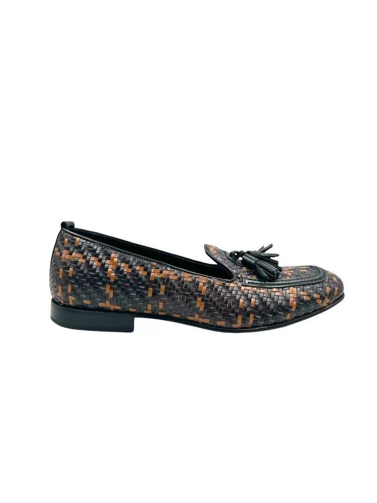 Men's Handmade Interwoven Black and Brown Leather Mocassino