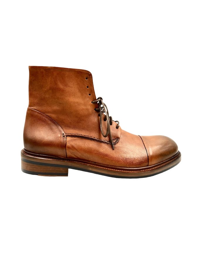 Men’s Handmade Cognac Leather Boot with Stitched Rubber and Leather Soles