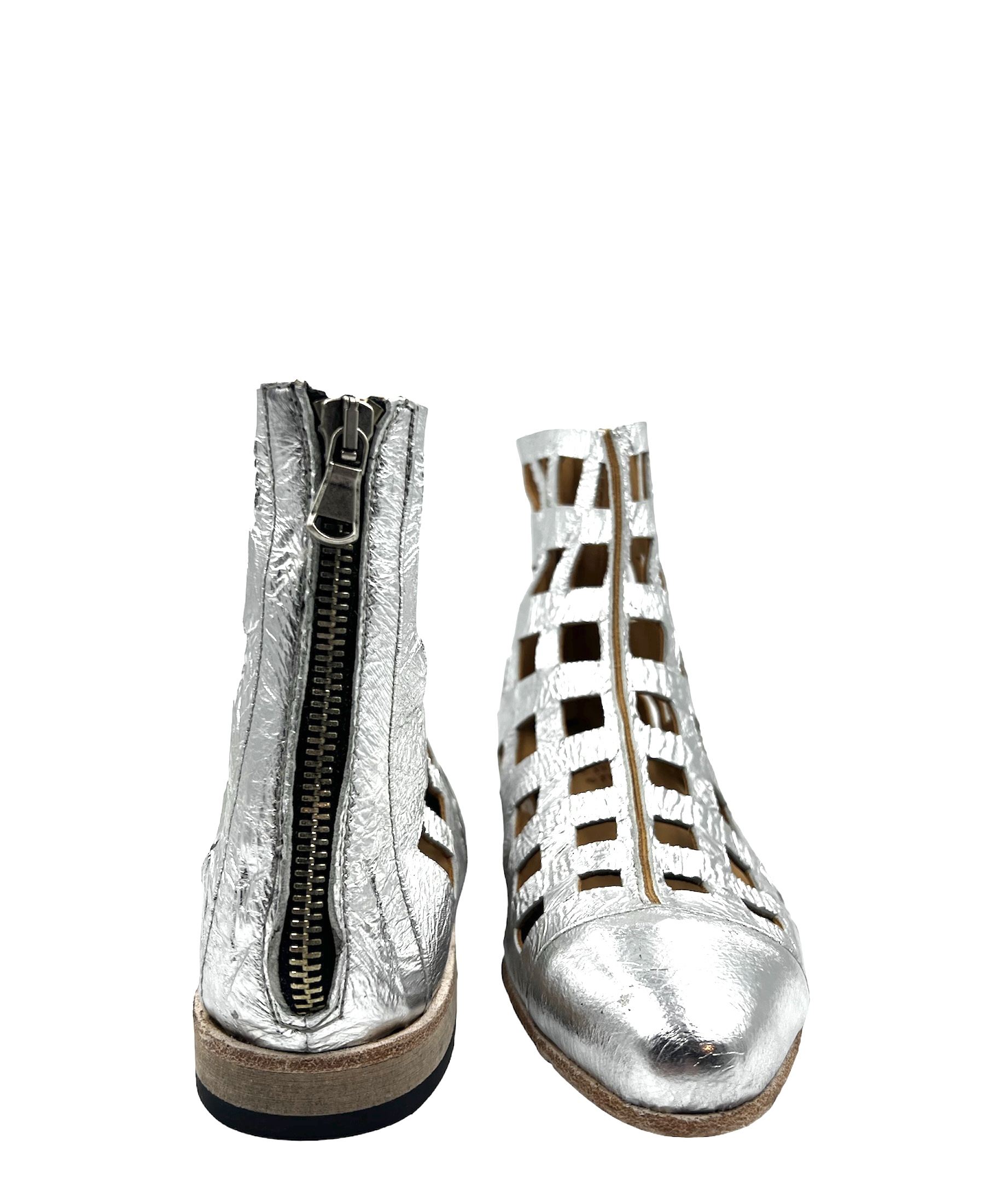 Ladies Handmade Perforated Silver Leather Sandals - Image 3
