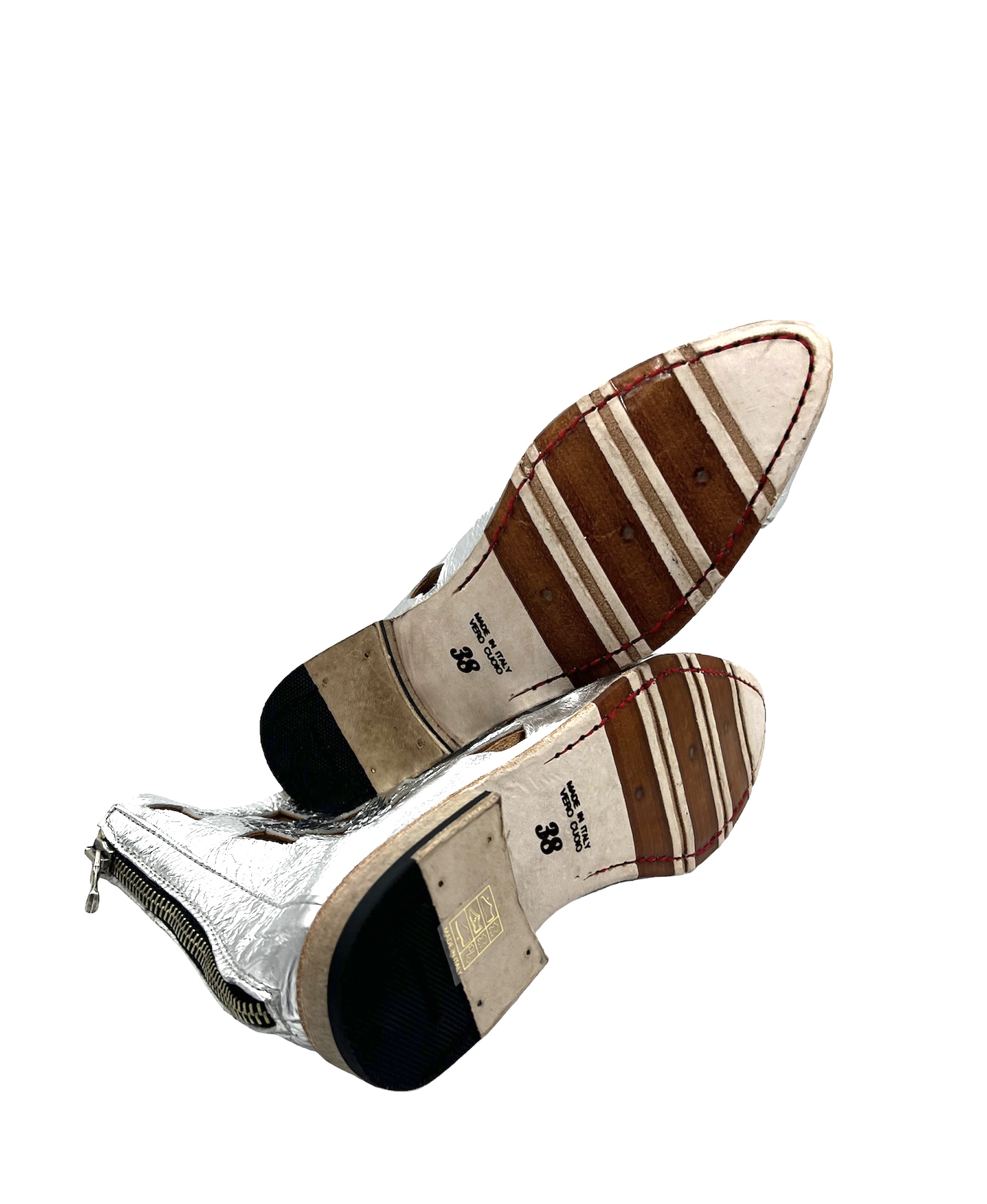 Ladies Handmade Perforated Silver Leather Sandals - Image 4