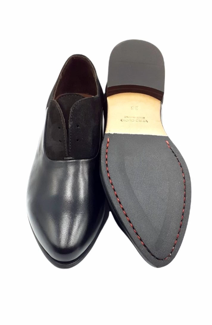 Women’s Black Handmade Leather and Suede Shoe with Stitched Rubber and Leather Outsole - Image 2